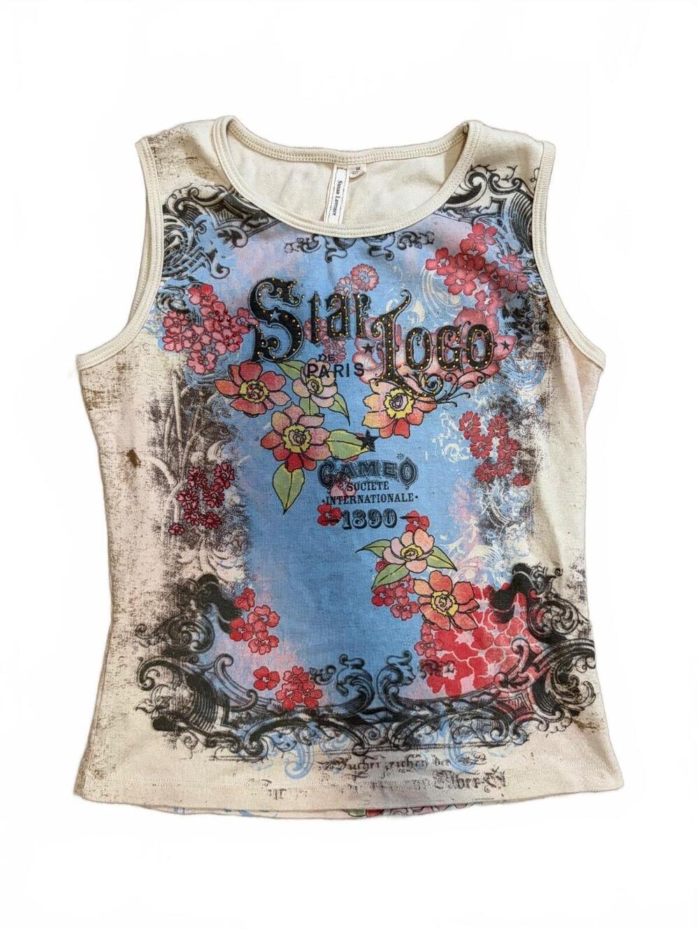Vintage Susan Lawrence Y2K Paris Star Logo Floral Rhinestone Tank Top Womens M